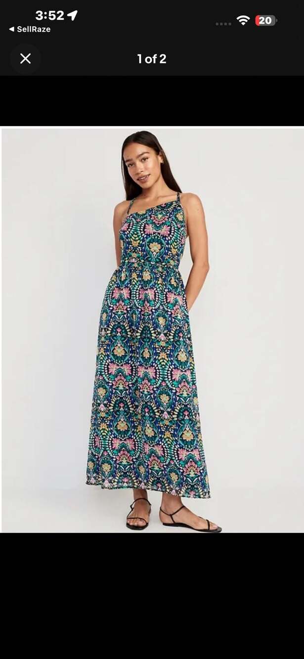 OLD NAVY FIT & FLARE Floral Print MAXI DRESS Tile Blue Sz M 8 10 Halter